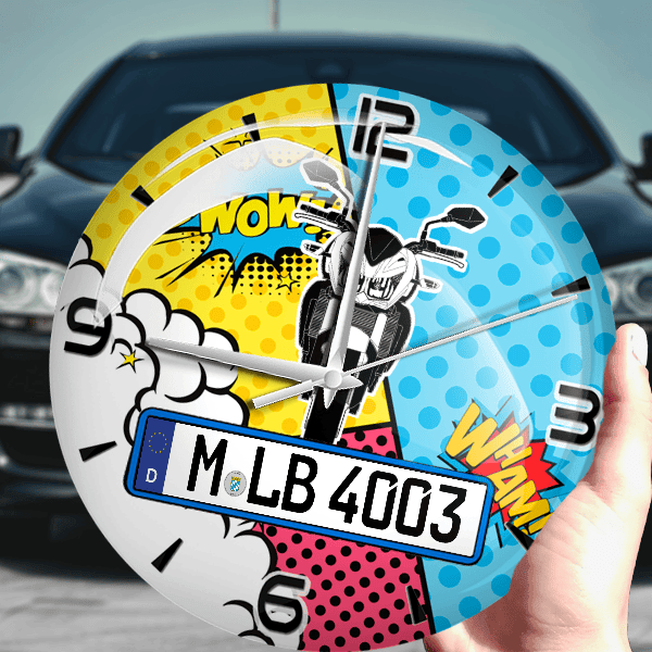 Z750 Wanduhr personalisiert mit Motorrad u. Kennzeichen! M, Comic Design 1
