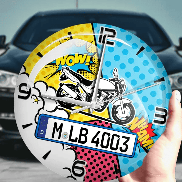 ER-5 Wanduhr personalisiert mit Motorrad u. Kennzeichen! M, Comic Design 1