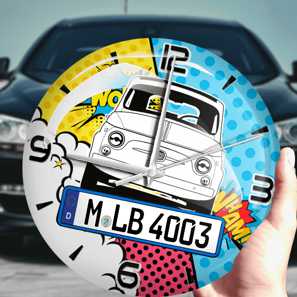 500 Wanduhr personalisiert mit Auto u. Kennzeichen! M, Comic Design 1