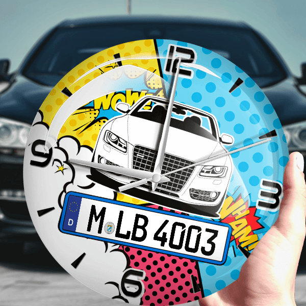 A5 Cabriolet Wanduhr personalisiert mit Auto u. Kennzeichen! M, Comic Design 1