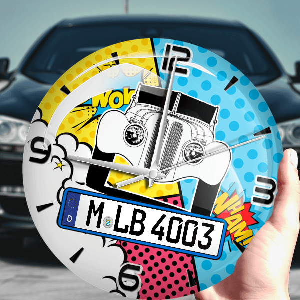 328 Cabriolet Wanduhr personalisiert mit Auto u. Kennzeichen! M, Comic Design 1