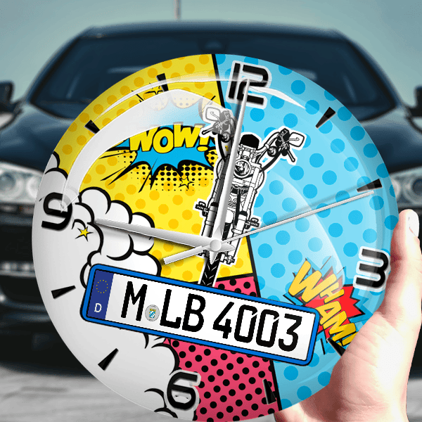 Wide Glide Wanduhr personalisiert mit Motorrad u. Kennzeichen! M, Comic Design 1