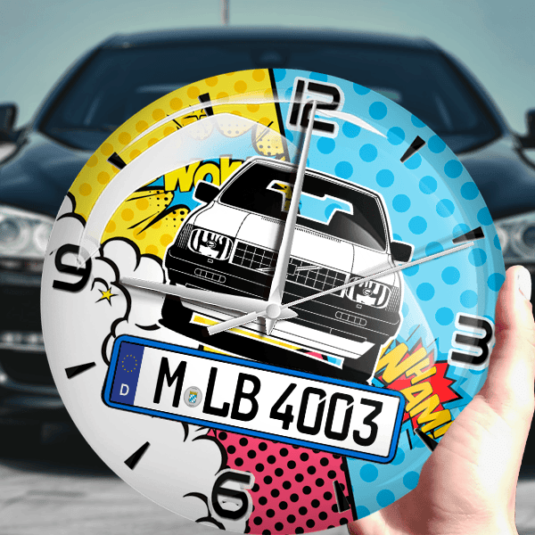340 Limousine Wanduhr personalisiert mit Auto u. Kennzeichen! M, Comic Design 1