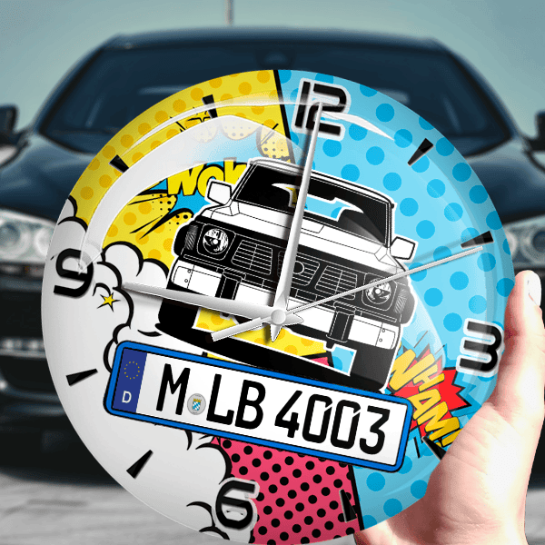 Patrol Wanduhr personalisiert mit Auto u. Kennzeichen! M, Comic Design 1