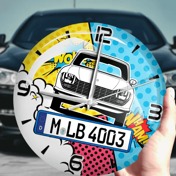 204 Wanduhr personalisiert mit Auto u. Kennzeichen! M, Comic Design 1