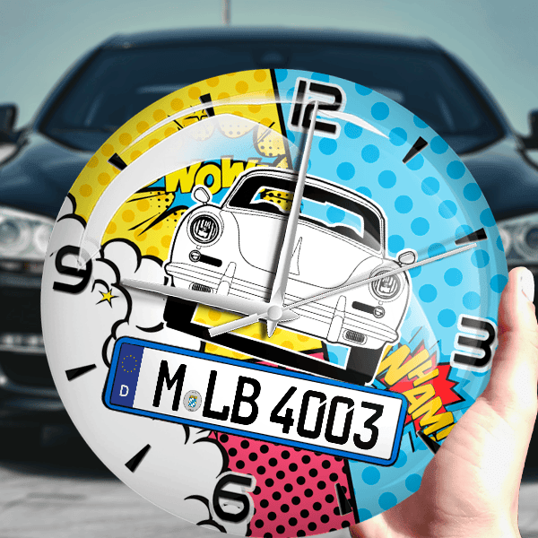 356 B Coupe Wanduhr personalisiert mit Auto u. Kennzeichen! M, Comic Design 1
