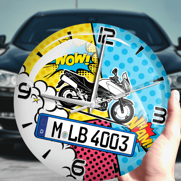 KLV 1000 Wanduhr personalisiert mit Motorrad u. Kennzeichen! M, Comic Design 1