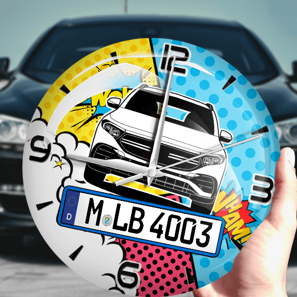 EQA AMG Line Wanduhr personalisiert mit Auto u. Kennzeichen! M, Comic Design 1