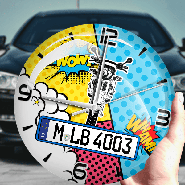 K 100 Wanduhr personalisiert mit Motorrad u. Kennzeichen! M, Comic Design 1