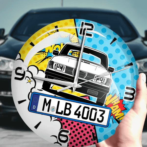 99 Wanduhr personalisiert mit Auto u. Kennzeichen! M, Comic Design 1