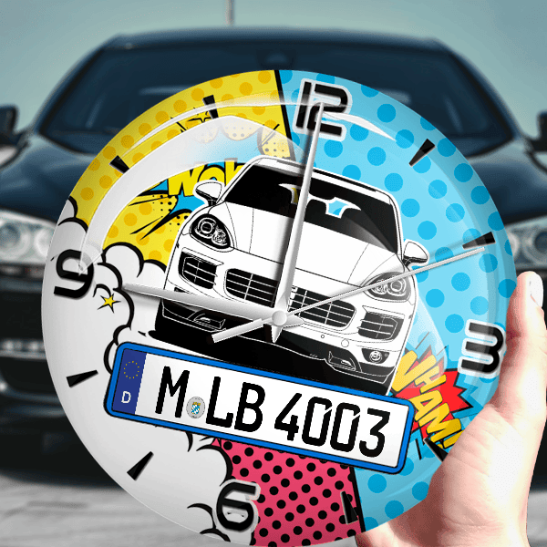 Cayenne Wanduhr personalisiert mit Auto u. Kennzeichen! M, Comic Design 1