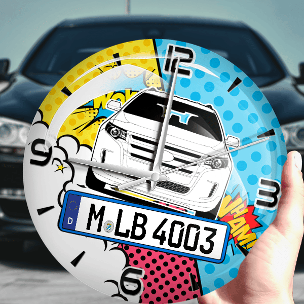 Edge Wanduhr personalisiert mit Auto u. Kennzeichen! M, Comic Design 1