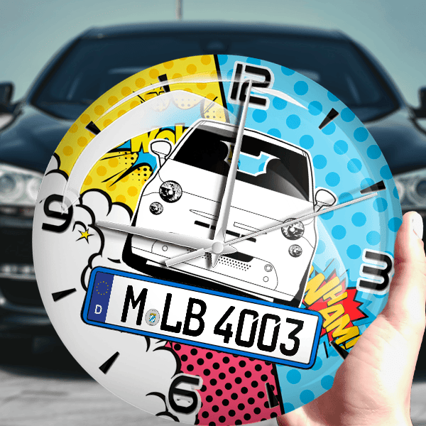 500e Wanduhr personalisiert mit Auto u. Kennzeichen! M, Comic Design 1