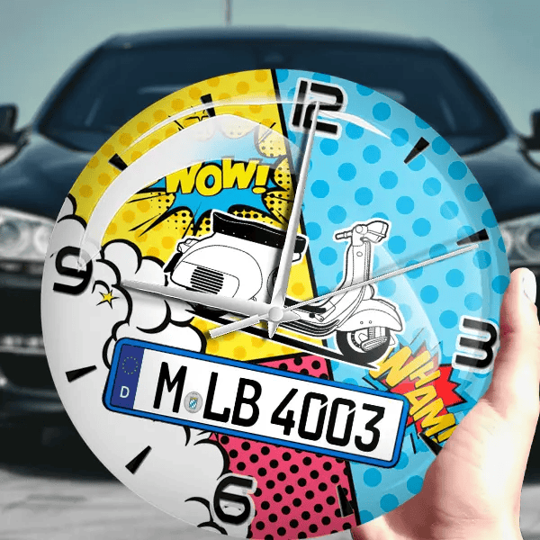 Vespa 150 VBA Wanduhr personalisiert mit Motorrad u. Kennzeichen! M, Comic Design 1