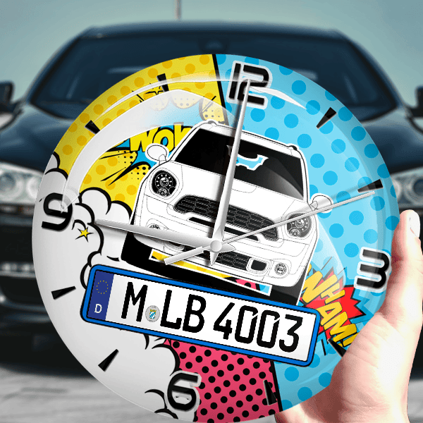 Countryman Cooper S Wanduhr personalisiert mit Auto u. Kennzeichen! M, Comic Design 1