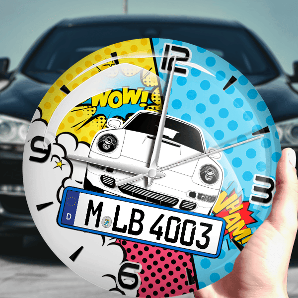 993 Coupe Wanduhr personalisiert mit Auto u. Kennzeichen! M, Comic Design 1