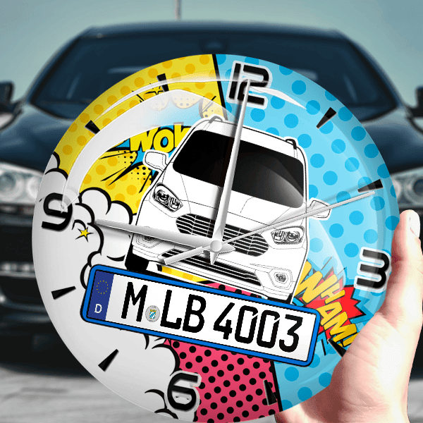 Tourneo Courier Wanduhr personalisiert mit Auto u. Kennzeichen! M, Comic Design 1