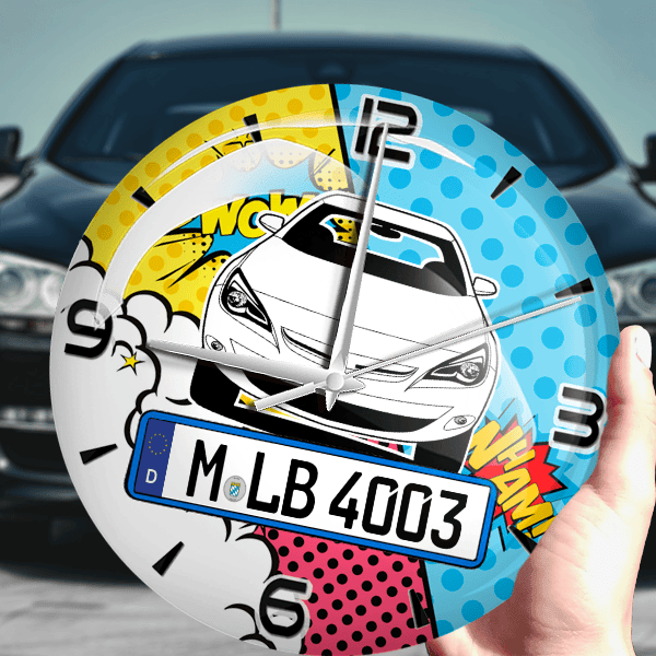 Astra GTC Wanduhr personalisiert mit Auto u. Kennzeichen! M, Comic Design 1