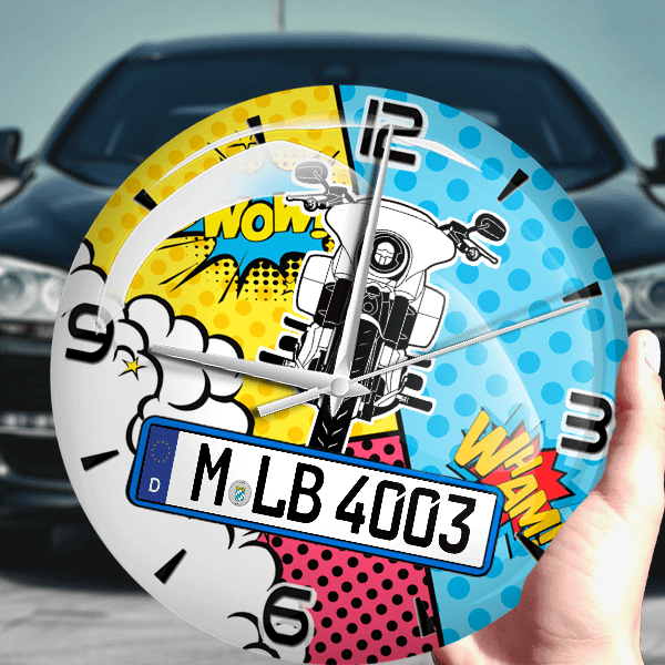 Sport Glide Wanduhr personalisiert mit Motorrad u. Kennzeichen! M, Comic Design 1