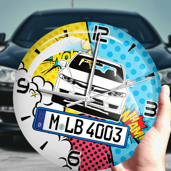 Civic Limousine Wanduhr personalisiert mit Auto u. Kennzeichen! M, Comic Design 1