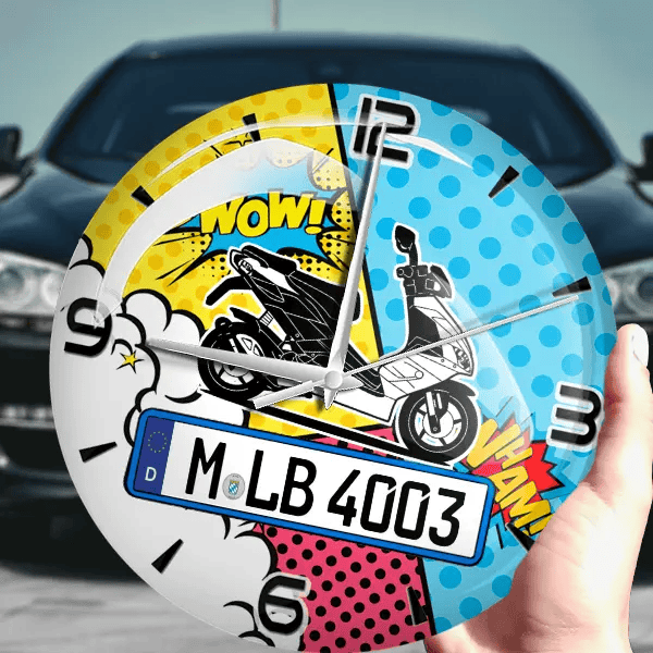 SR 50 Wanduhr personalisiert mit Motorrad u. Kennzeichen! M, Comic Design 1