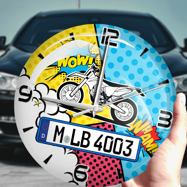 500 EXC Wanduhr personalisiert mit Motorrad u. Kennzeichen! M, Comic Design 1