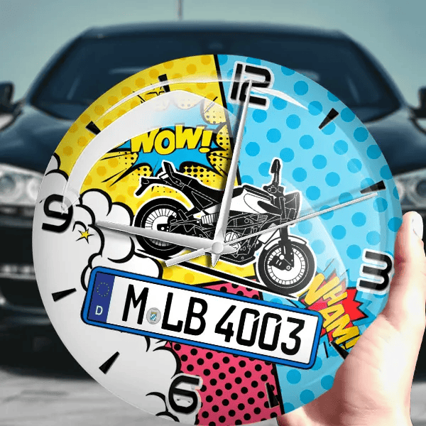 Svartpilen 401 Wanduhr personalisiert mit Motorrad u. Kennzeichen! M, Comic Design 1