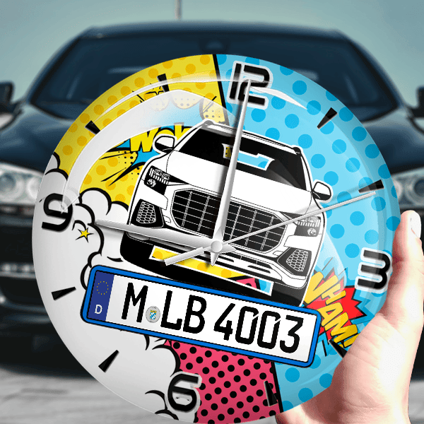 SQ8 Wanduhr personalisiert mit Auto u. Kennzeichen! M, Comic Design 1