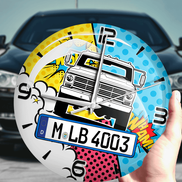 F-250 Wanduhr personalisiert mit Auto u. Kennzeichen! M, Comic Design 1