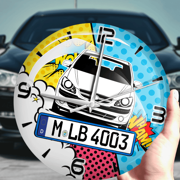 Getz Wanduhr personalisiert mit Auto u. Kennzeichen! M, Comic Design 1