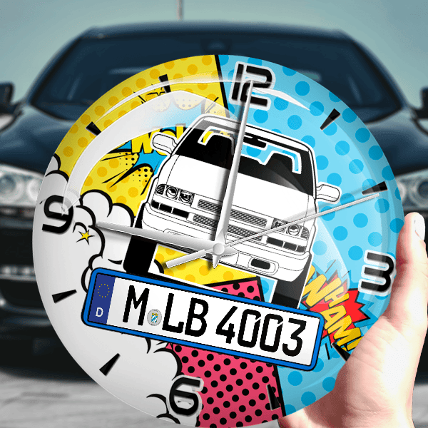 S-10 Wanduhr personalisiert mit Auto u. Kennzeichen! M, Comic Design 1