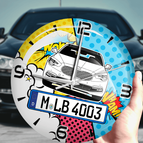 K9 Wanduhr personalisiert mit Auto u. Kennzeichen! M, Comic Design 1