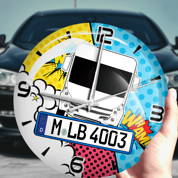 143 Wanduhr personalisiert mit Wohnwagen u. Kennzeichen! M, Comic Design 1