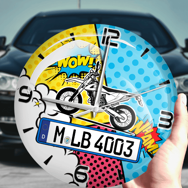 450 EXC Wanduhr personalisiert mit Motorrad u. Kennzeichen! M, Comic Design 1
