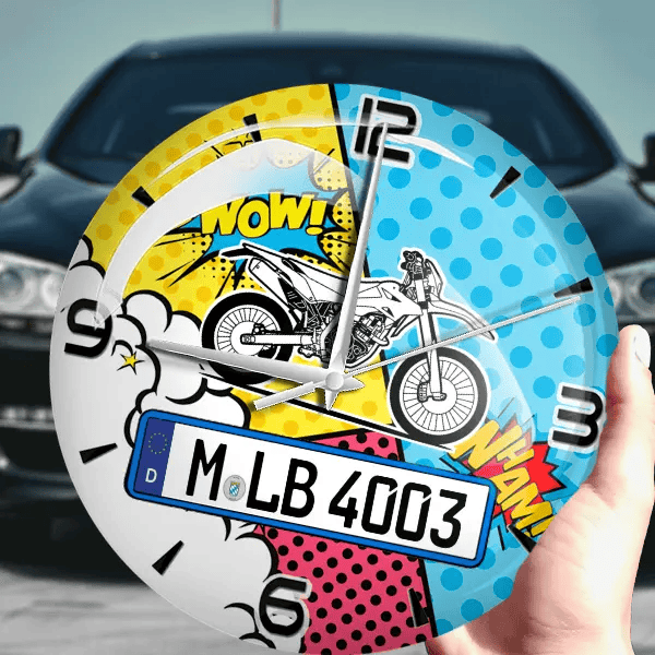 125 RR LC Supermoto Wanduhr personalisiert mit Motorrad u. Kennzeichen! M, Comic Design 1