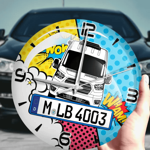 CV 600 Wanduhr personalisiert mit Wohnwagen u. Kennzeichen! M, Comic Design 1