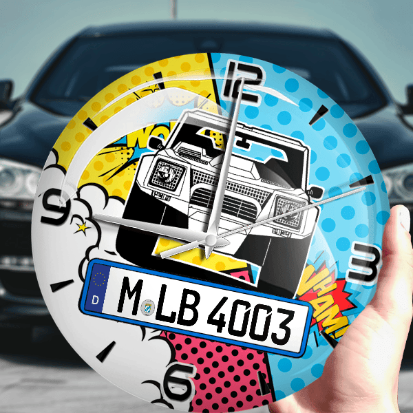 LM002 Wanduhr personalisiert mit Auto u. Kennzeichen! M, Comic Design 1