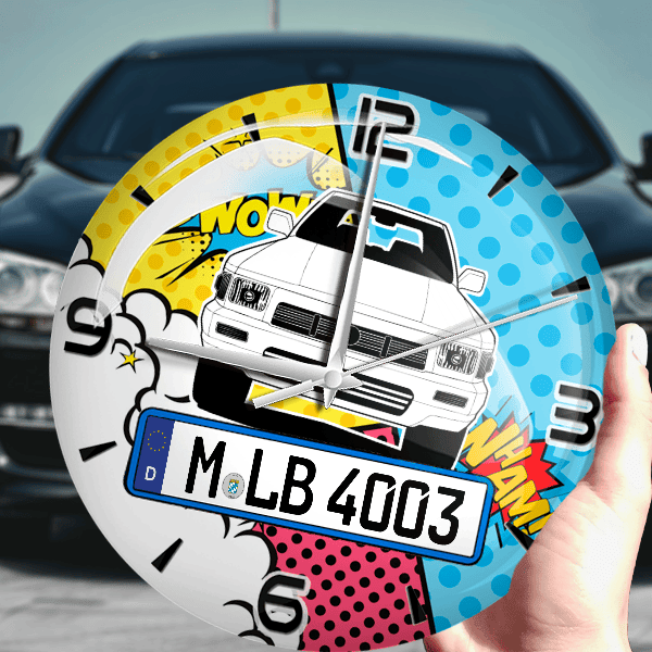 Taro Wanduhr personalisiert mit Auto u. Kennzeichen! M, Comic Design 1