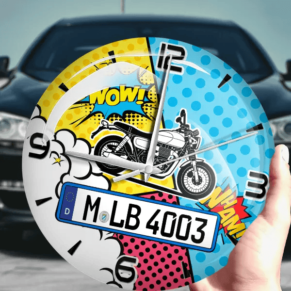 Cromwell Wanduhr personalisiert mit Motorrad u. Kennzeichen! M, Comic Design 1