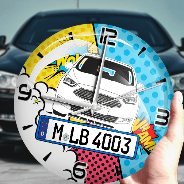 C-Max Wanduhr personalisiert mit Auto u. Kennzeichen! M, Comic Design 1