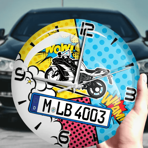 Ninja H2 Wanduhr personalisiert mit Motorrad u. Kennzeichen! M, Comic Design 1