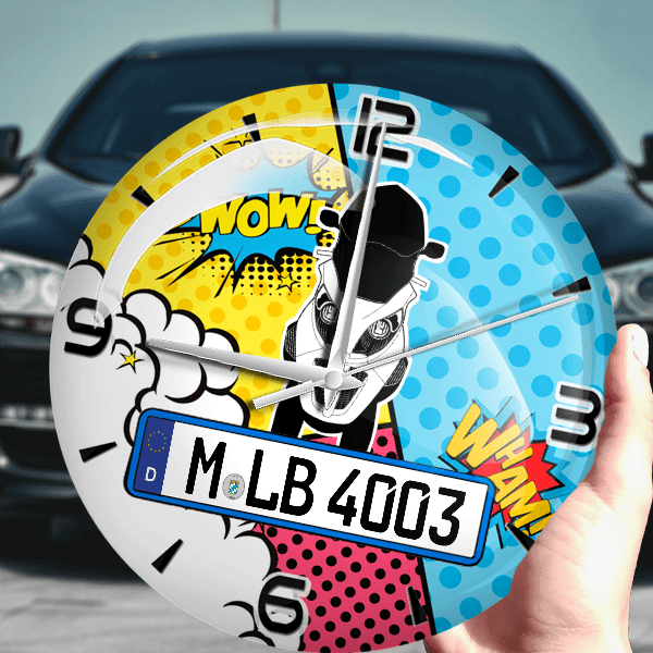 MP3 821 Wanduhr personalisiert mit Motorrad u. Kennzeichen! M, Comic Design 1