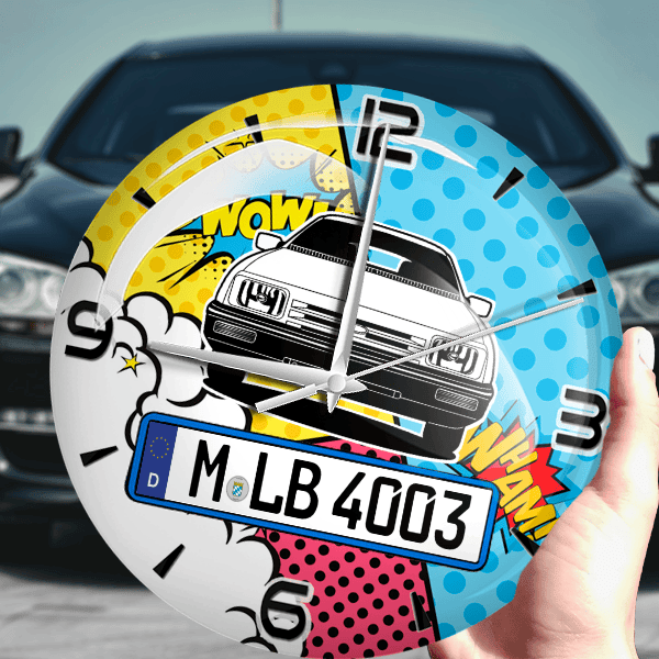 Sierra Estate Wanduhr personalisiert mit Auto u. Kennzeichen! M, Comic Design 1