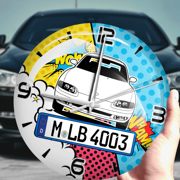 MX-6 Wanduhr personalisiert mit Auto u. Kennzeichen! M, Comic Design 1