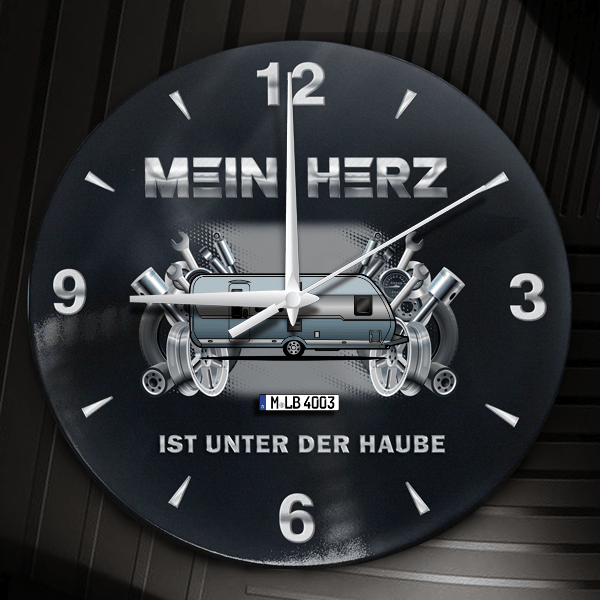 560 Wanduhr personalisiert mit Campinganhänger u. Kennzeichen! M, Tuning Design 2