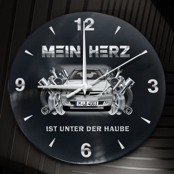 607 Wanduhr personalisiert mit Auto u. Kennzeichen! M, Tuning Design 2