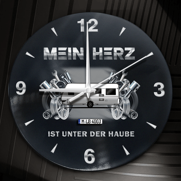 650 Wanduhr personalisiert mit Campinganhänger u. Kennzeichen! M, Tuning Design 2