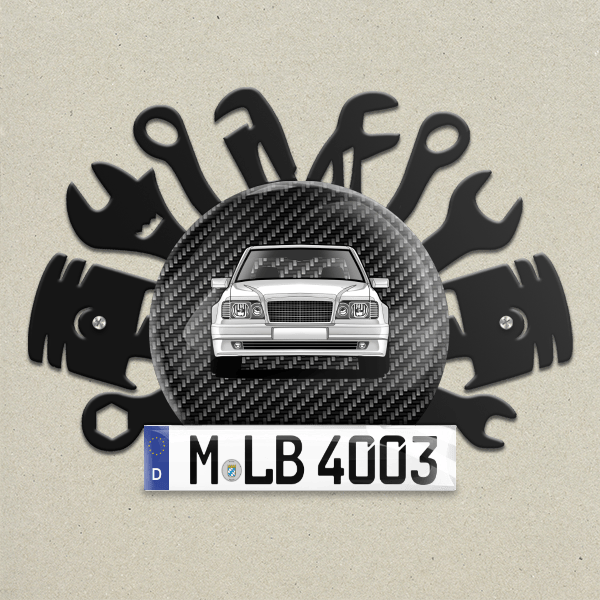 W 124 Wand Dekoration aus Metall personalisiert mit deinem Auto u. Kennzeichen!