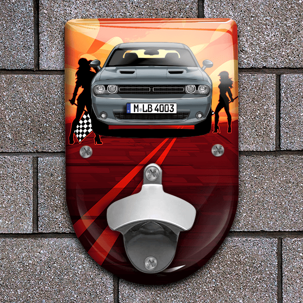 Challenger Flaschenöffner für Wand personalisiert mit deinem Auto u. Kennzeichen!