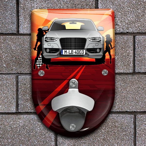 A4 Allroad Flaschenöffner für Wand personalisiert mit deinem Auto u. Kennzeichen!